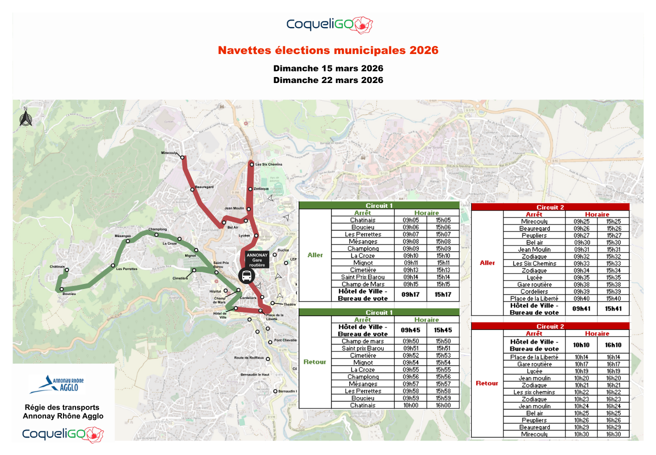 Trajets élections municipales 2026 - trajet 1 et 2